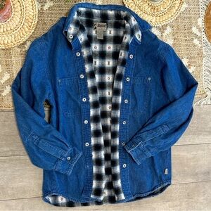 Vintage 90s Alpine Aztec Tribal Plaid Blanket Lined Denim Jacket Coat